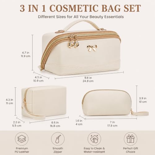 3-Piece Travel Makeup Bag Set - Waterproof PU Leather Cosmetic Organizer
