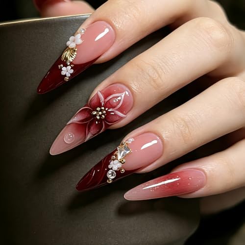 TENPAL Burgundy French Tips Long Stiletto Press-On Nails 3D Floral L