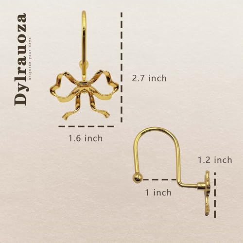 Gold Bow Shower Curtain Hooks - 12 Pack Rust Proof Rings for Elegant Bathroom Decor