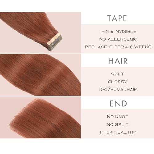 OBHD Auburn Brown Human Hair Tape-in Extensions 14 Inch Straight 20pcs