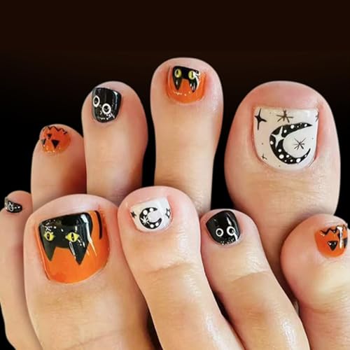 QUNQINLI Halloween Press On Toenails T10 Short Square Black White with Star Moon Cat Pumpkin Design, 24 Pcs