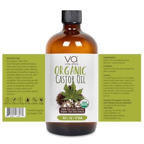 VITAL AFFAIR Organic Castor Oil 16 oz - Cold Pressed, Hexane Free & Unrefined Glass Bottle for Pack Wrap Routine, Hair Growth, Skincare, Face & Nails