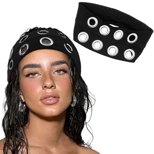 Aushamtai Black Hollow Out Grommet Headband for Women Girls Y2K Punk Grunge Fashion