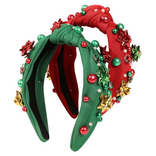 2 Pack Jeweled Plaid Headband with Crystals and Pearls - Knotted Hair Accessory