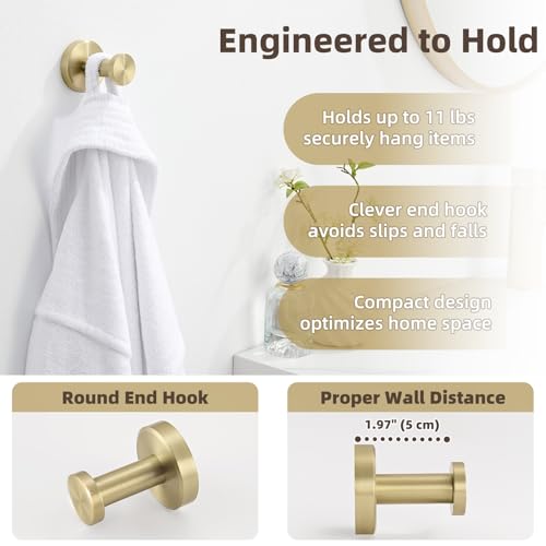 Brushed Gold Towel Hook - 304 Stainless Steel, Wall Mount, 11 lb Capacity