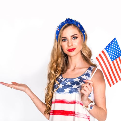 4th of July Headbands for Women - 2 Pcs Red & Blue Rhinestone USA Flag Hair Hoops