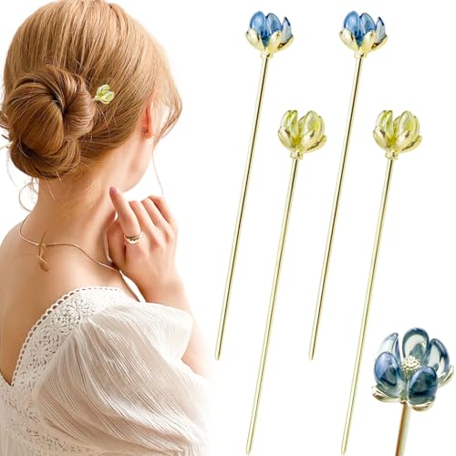 Milovgvset 4PCS Gold Lotus Hair Sticks for Buns Vintage Chinese Hairpins Women Girls