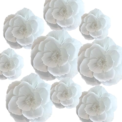 White Crepe Paper Flowers - 9 Pcs for Wedding & Party Decor