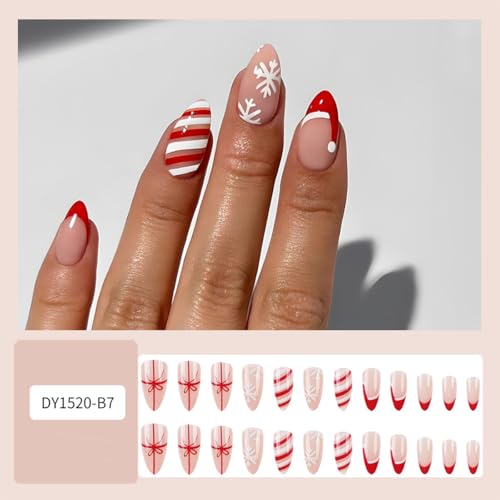 GUFUGU Style-39 Short Almond Christmas Press On Nails with Snowflake & Holiday Designs, 24 Pcs