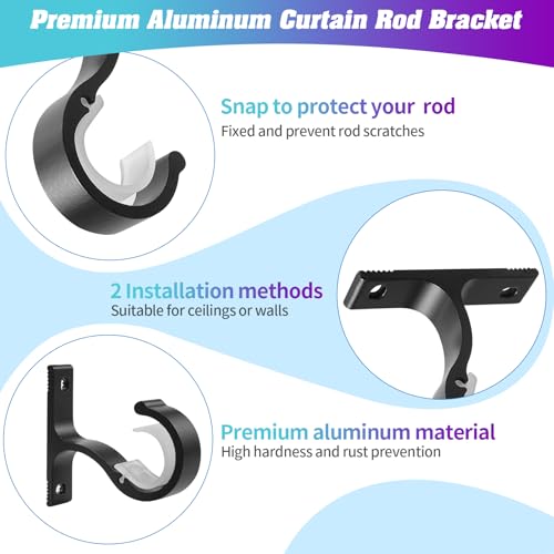 Anndason Heavy Duty Curtain Rod Brackets - Wall & Ceiling Mount, Black (Set of 4)