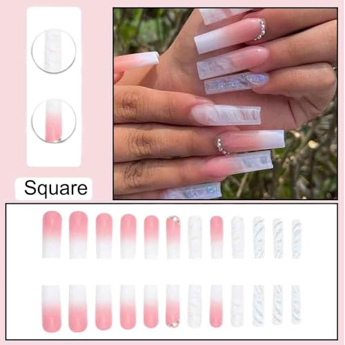 Ombre Pink White Press-On Nails with Rhinestones - 24 Pcs
