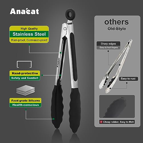 Anaeat 3-Pack 7" Mini Non-Stick Silicone Tongs for Cooking & BBQ