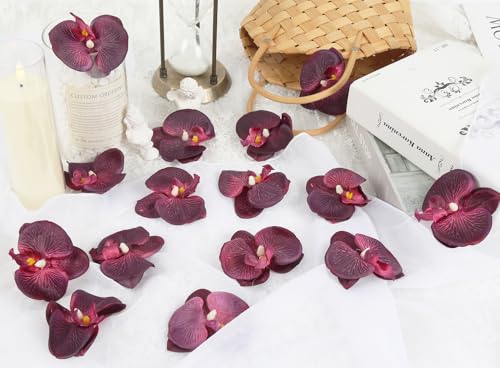 15 PCS Burgundy Artificial Orchid Flower Heads - Realistic Silk Faux Flowers for Home Decor and Weddings