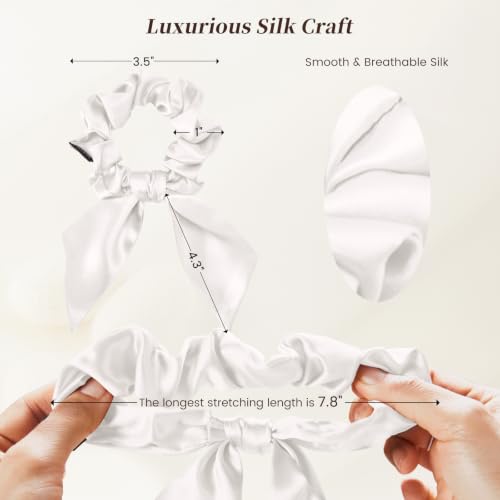 THXSILK White 25 Momme Pure Mulberry Silk Hair Scrunchies with Bow for Women & Girls