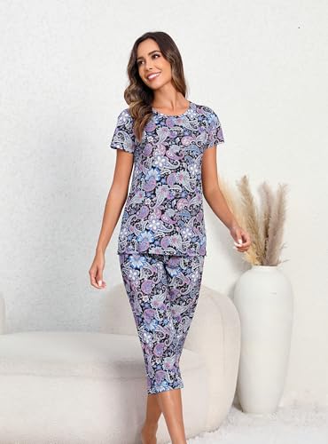 Blue Paisley Women's Pajama Set - Cotton Short Sleeve Top & Capri Pants, XX-Large