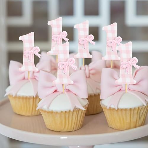 12 Pcs Pink Bow Cupcake Toppers for 1st Birthday & Anniversary