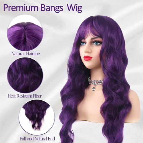 Purple 26 Inch Long Wavy Wig with Bangs - Heat Resistant Synthetic