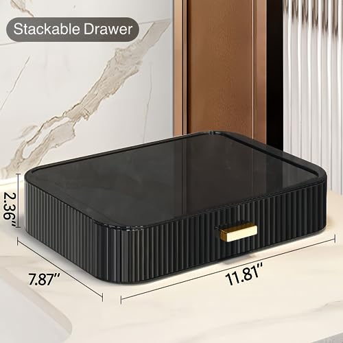Stackable Makeup Organizer Drawer - Clear Black, Ideal for Vanity & Desk