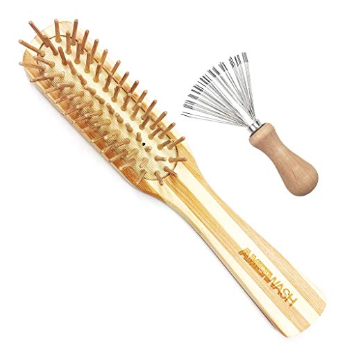 AMERWASH PLUS Bamboo Hair Brush with Cleaning Tool Set, Small Paddle Detangling Brush for Women & Men, Helps Hair Growth & Shine