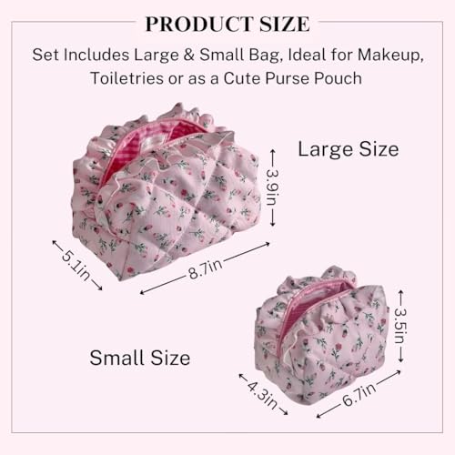 Pink Quilted Rose Makeup Bag Set of 2 - Travel Cosmetic Organizer for Women & Teens