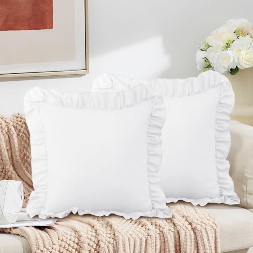White Ruffle Euro Pillow Shams - 26" x 26" Soft Microfiber Covers (Set of 2)