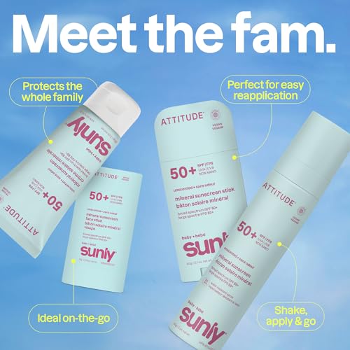 ATTITUDE Baby Mineral Sunscreen Face Stick SPF 50, Non-Nano Zinc Oxide