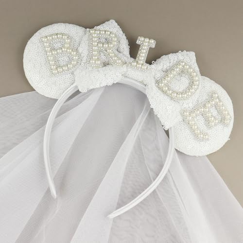 Pearl Bride Mouse Ear Headband with Veil - Wedding & Bachelorette