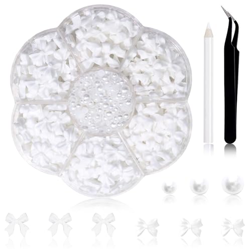 RODAKY White Bow Knot Nail Charms & Flatback Pearls 300Pcs for Nail Art DIY