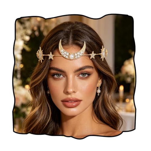 Gold Star Moon Headband with Rhinestones and Crystal Head Chain for Weddings