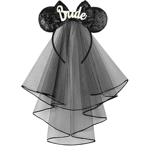 LIHELEI Black Bridal Mouse Ear Headband with Veil for Halloween Bachelorette Party Women Girls