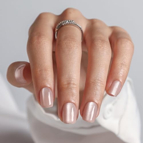 ShangMeng Press On Nails Champagne Veil Almond Short Nude Cat Eye Soft Gel, Salon-Quality Manicure
