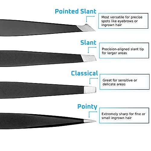 Rikans Precision Tweezers Set - 4-Piece Stainless Steel Eyebrow & Splinter Tweezers with Carry Pouch