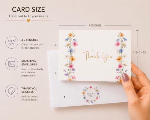 Racrico 60 Floral Thank You Cards with Envelopes - Bulk Set