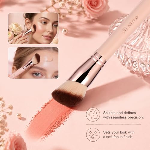 AILNSX Pink Angled Foundation Brush for Liquid, Cream & Powder Makeup - Dense Soft Bristles, Contour, Blush & Bronzer - F212