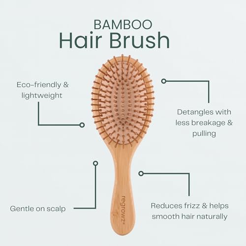 Regrowz Bamboo Paddle Hair Brush - Natural Wooden Detangler for All Hair