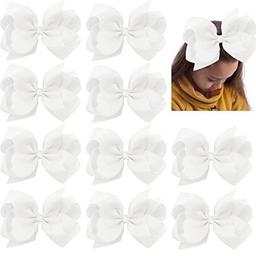 Jeffan White 8-Inch Grosgrain Ribbon Hair Bows for Girls & Toddlers - Pack of 10