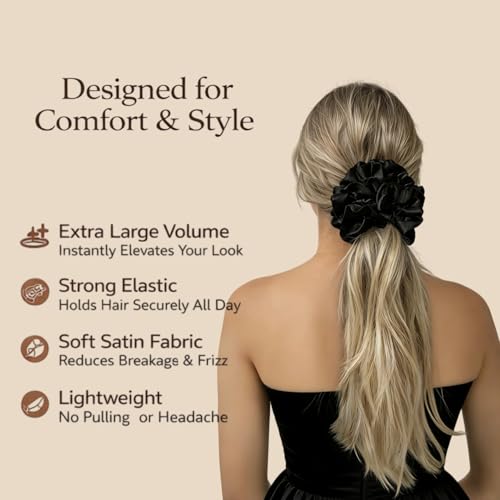 3-Pack Satin Scrunchies for Women - Large Velvety Ruffle Hair Ties, Black Brown Red