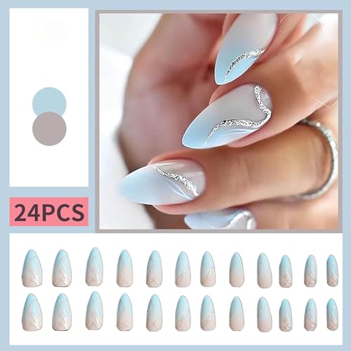 RUOKEXIN Almond Style Press On Nails - Medium Blue Ombre Fake Nails with Silver Ripple Design, 24 Pcs