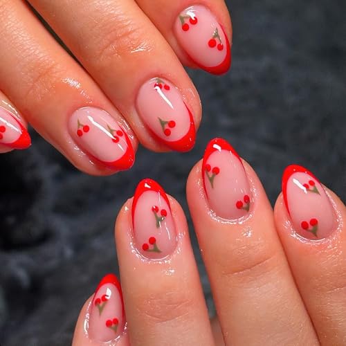 ROFIBUT Red French Tip Press-On Nails - Almond Short Fake Nails, 24 Pcs