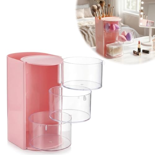 Pink Rotating Hair Accessories Organizer with Brush Holder, 3-Tier Storage