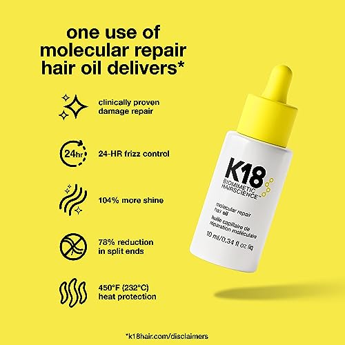 K18 Molecular Repair Hair Oil - Strengthening Peptide Damaged Hair Treatment Oil - 24-Hour Frizz Control + Heat Protectant - Helps Reduce Split Ends + Boost Shine (0.34 Fl oz)