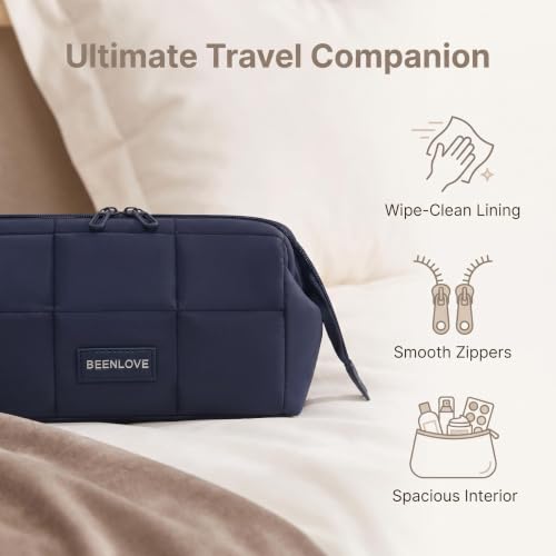 JekoLife Navy Blue Travel Makeup Bag - Wide Open Cosmetic Organizer for Women