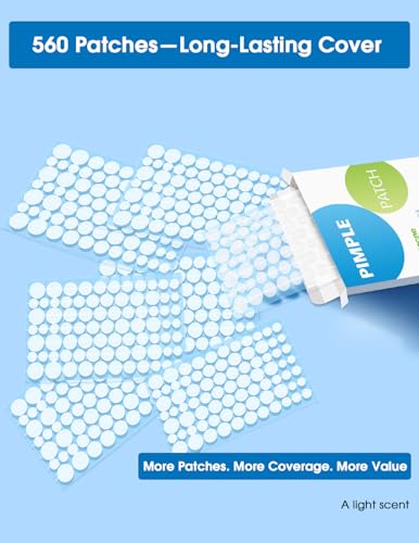 Hydrocolloid Acne Patches - 560 Count, 6 Sizes with Tea Tree & CICA
