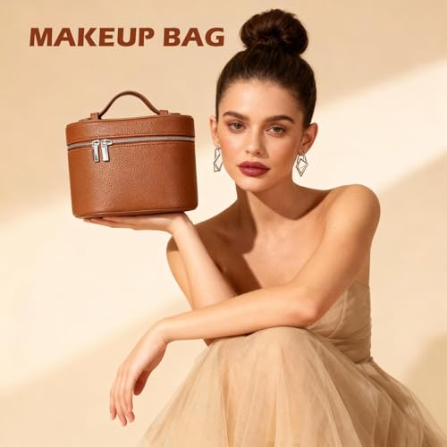 JOVOLIFE Brown Large Capacity Leather Makeup Bag with Removable Compartment