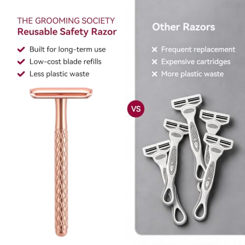 THE GROOMING SOCIETY Rose Gold Double Edge Safety Razor with Stand & 10 Blades