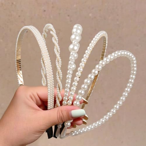 Pearl Headbands for Women 5-Pack Bridal Hair Accessories Non Slip Elegant Hairbands