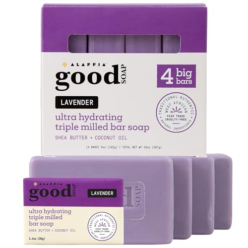 Alaffia Lavender Soap Bar Pack of 4 + Travel-Size 1.4 oz | Fair Trade Moisturizing