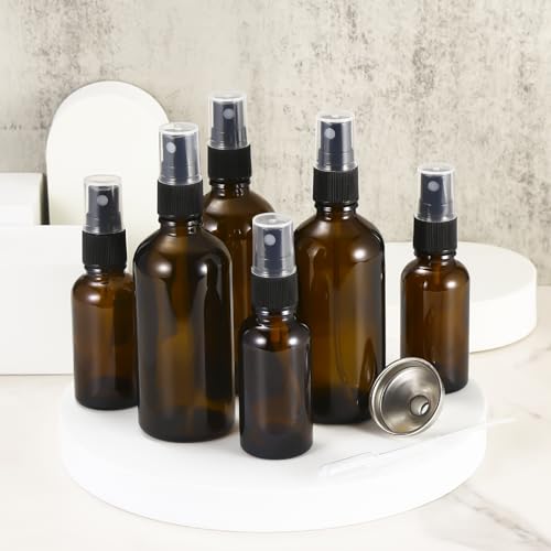 3.4 oz Amber Glass Spray Bottles - 6 Pack Refillable Fine Mist Containers