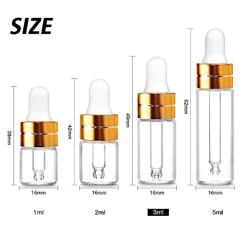 3ml Clear Glass Dropper Bottles - 50 Pack with Gold Caps