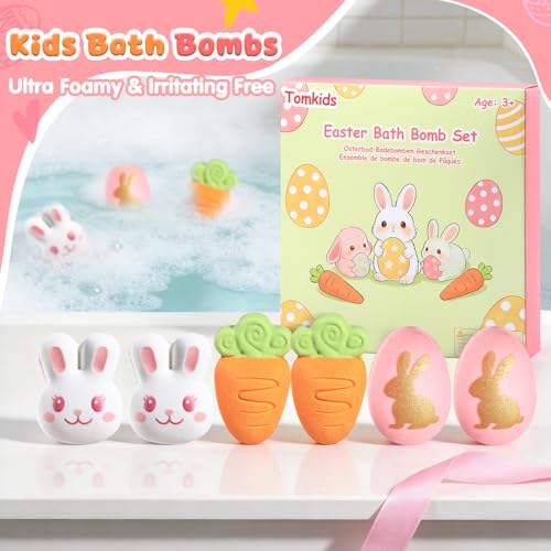 Tomkids Easter Bath Bombs for Kids - 6 Pack Bunny, Egg & Carrot Shapes